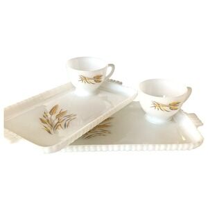Fire-King Golden Wheat Milk Glass Snack Set Trays and Cups Vintage 4 Piece